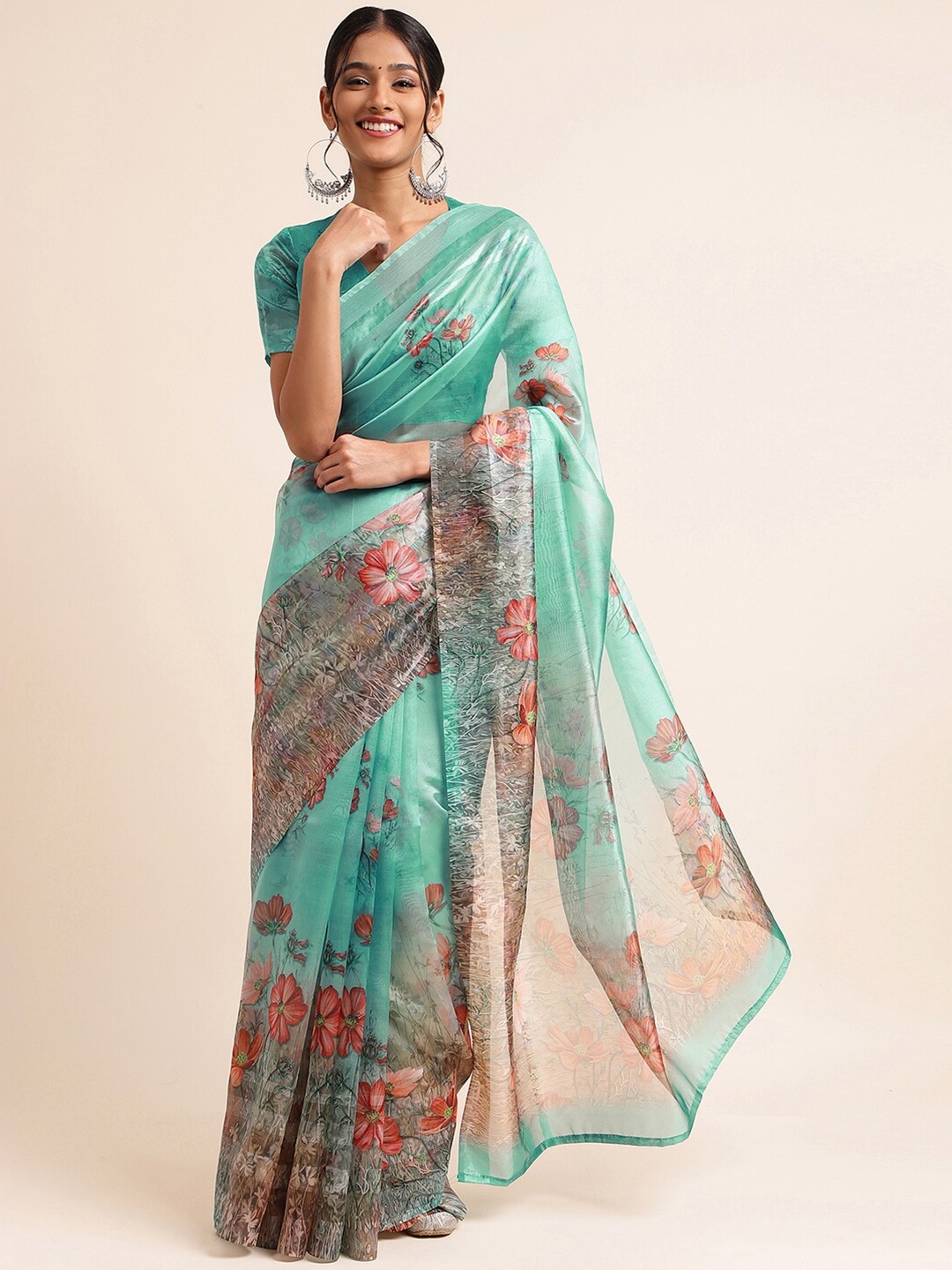 

Satrani Green & Orange Floral Printed Tissue Saree