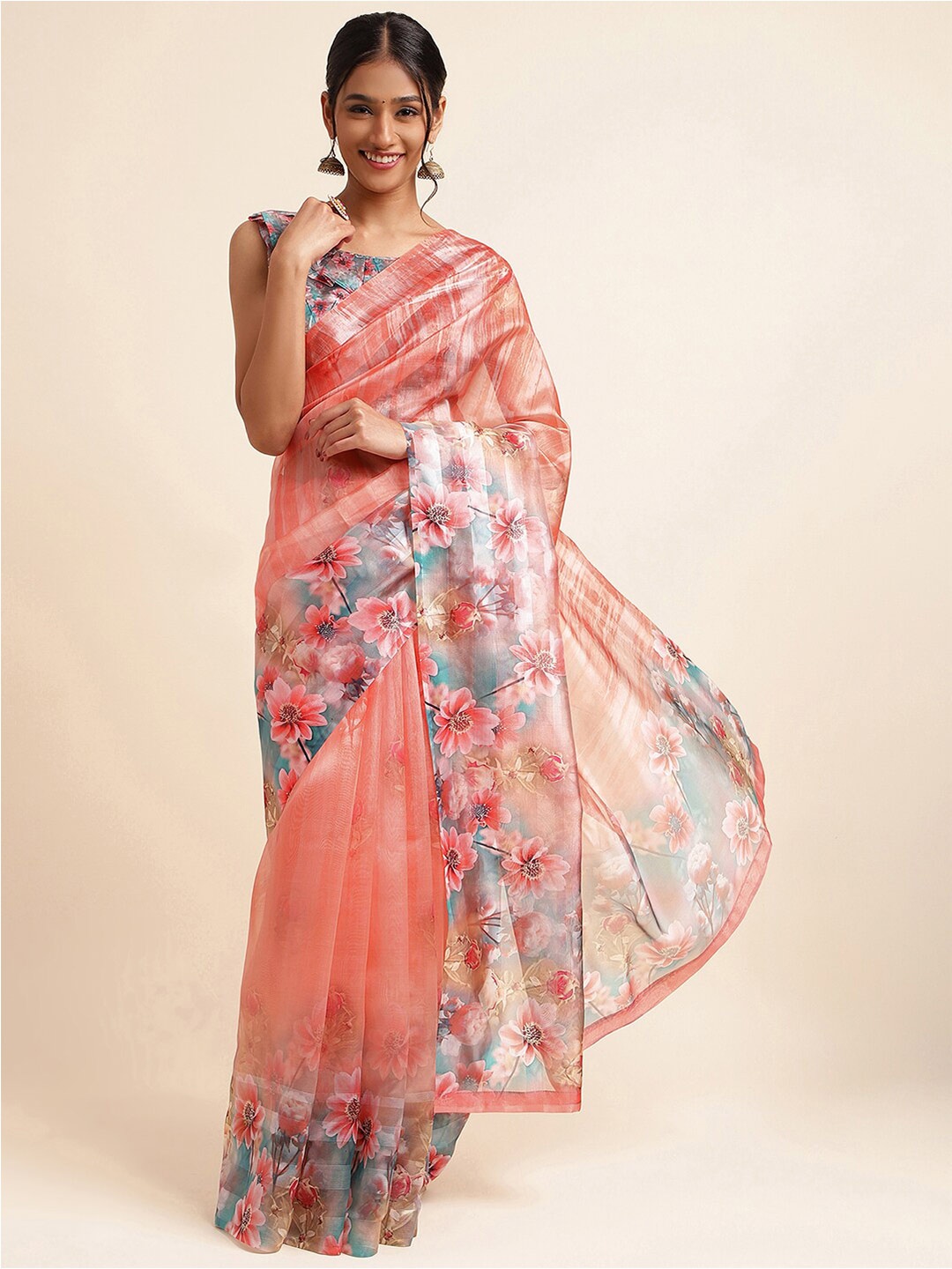 

Satrani Orange & Blue Floral Printed Tissue Saree