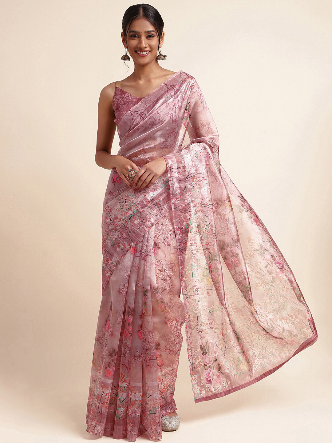 

Satrani Pink & Green Floral Printed Tissue Saree
