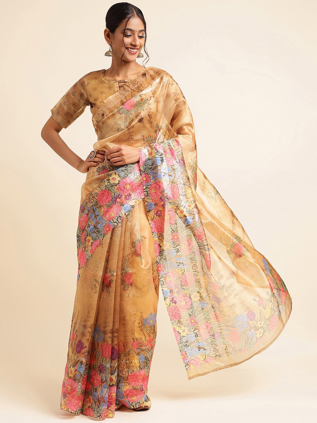 

Satrani Brown & Pink Floral Printed Tissue Saree