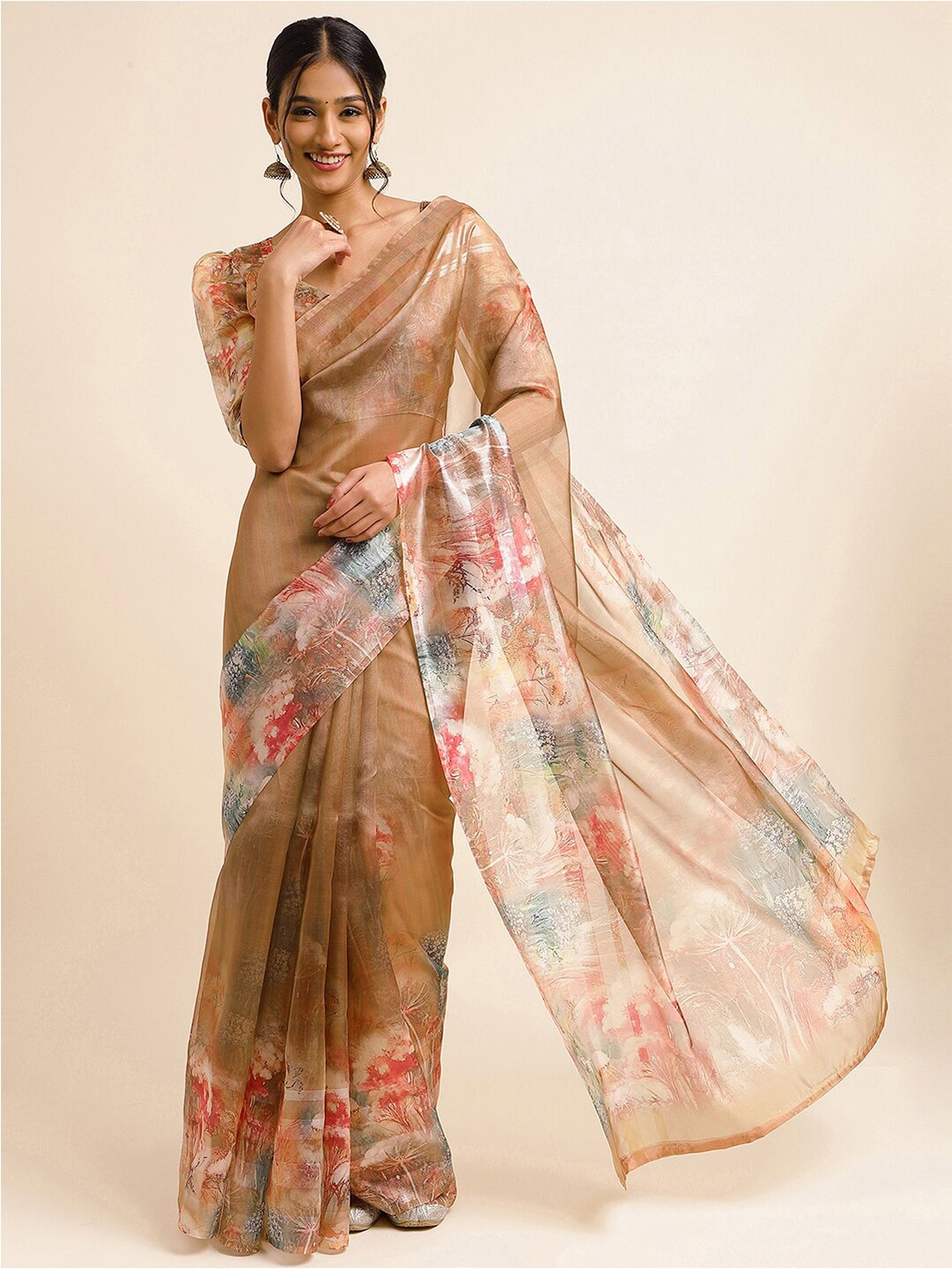 

Satrani Gold-Toned & Pink Floral Printed Tissue Saree