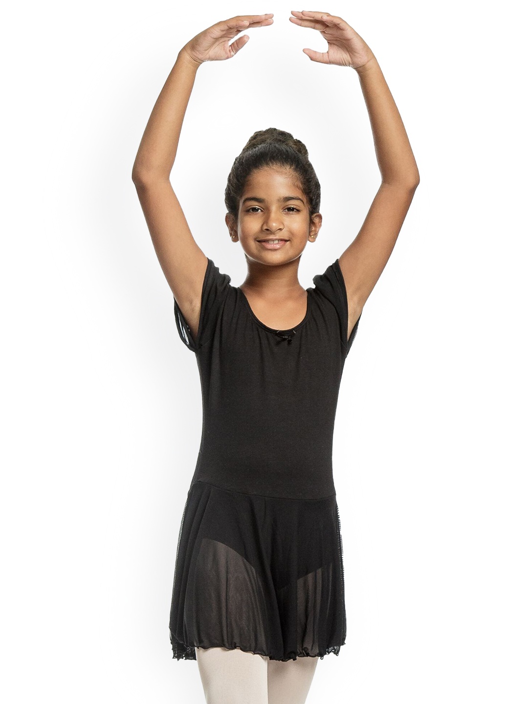 

IKAANYA Girls Flatter Sleeves Ballet Leotard Dress With Shear Mesh Skirt, Black