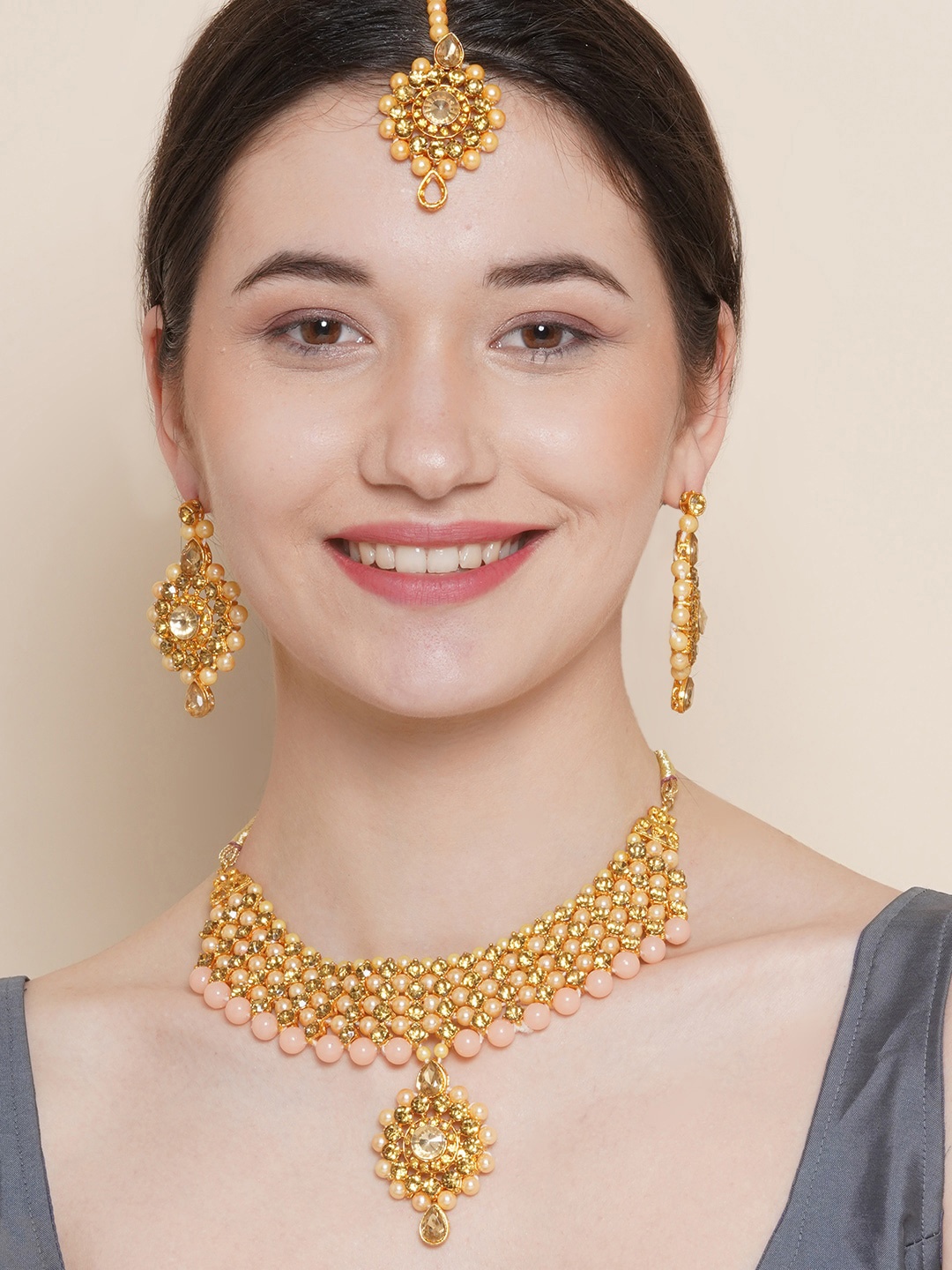 

Anouk Gold-Plated Stones & Beads Studded Necklace Set With Maang Tikka