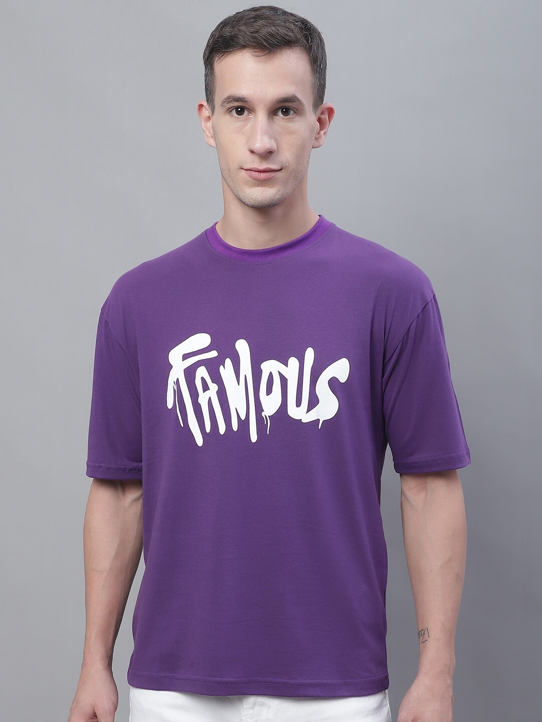 

Obaan Typography Printed Drop Shoulder Sleeves Cotton T-Shirt, Purple