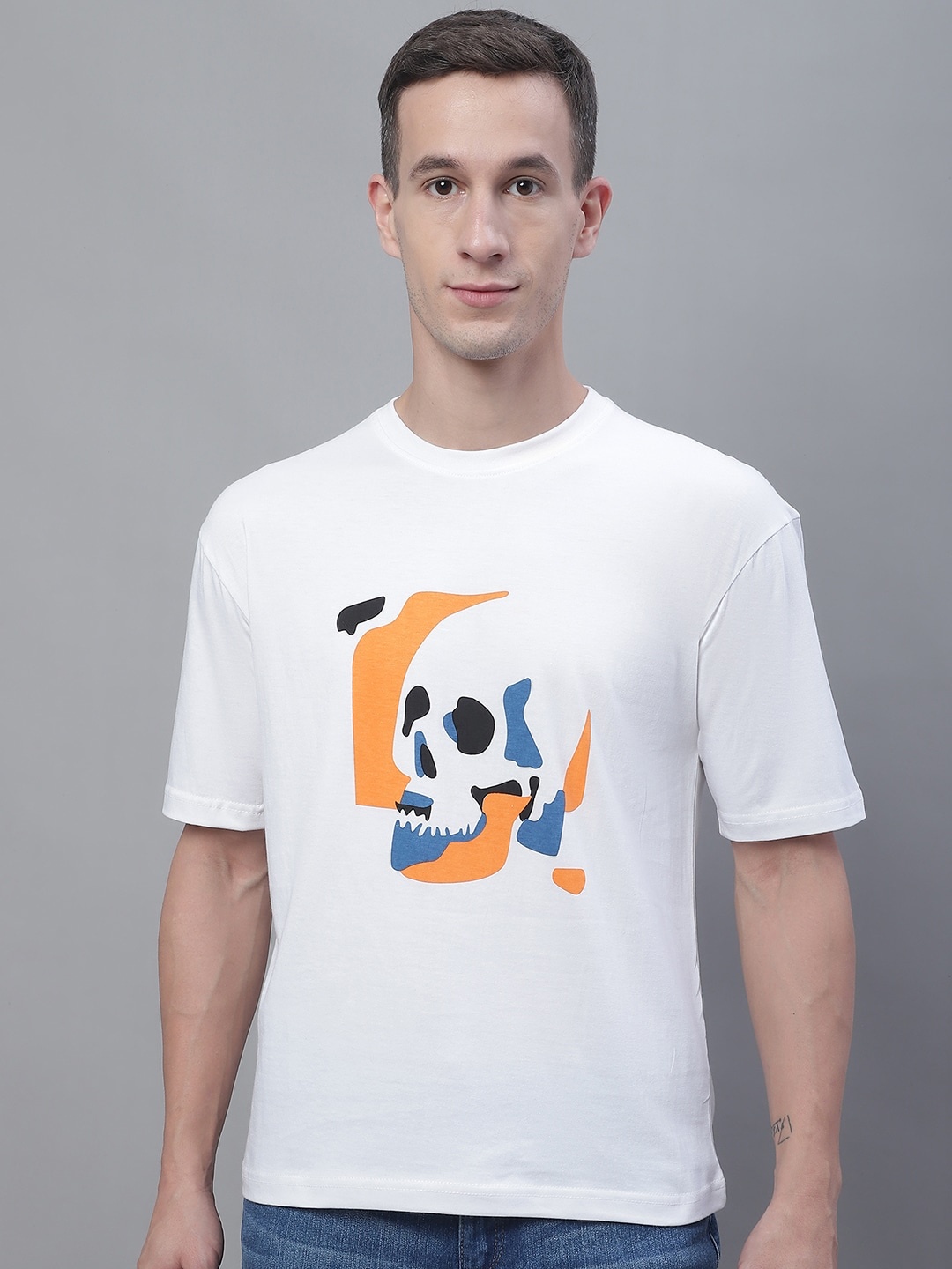 Obaan Graphic Printed Drop-Shoulder Sleeves Cotton T-Shirt, White
