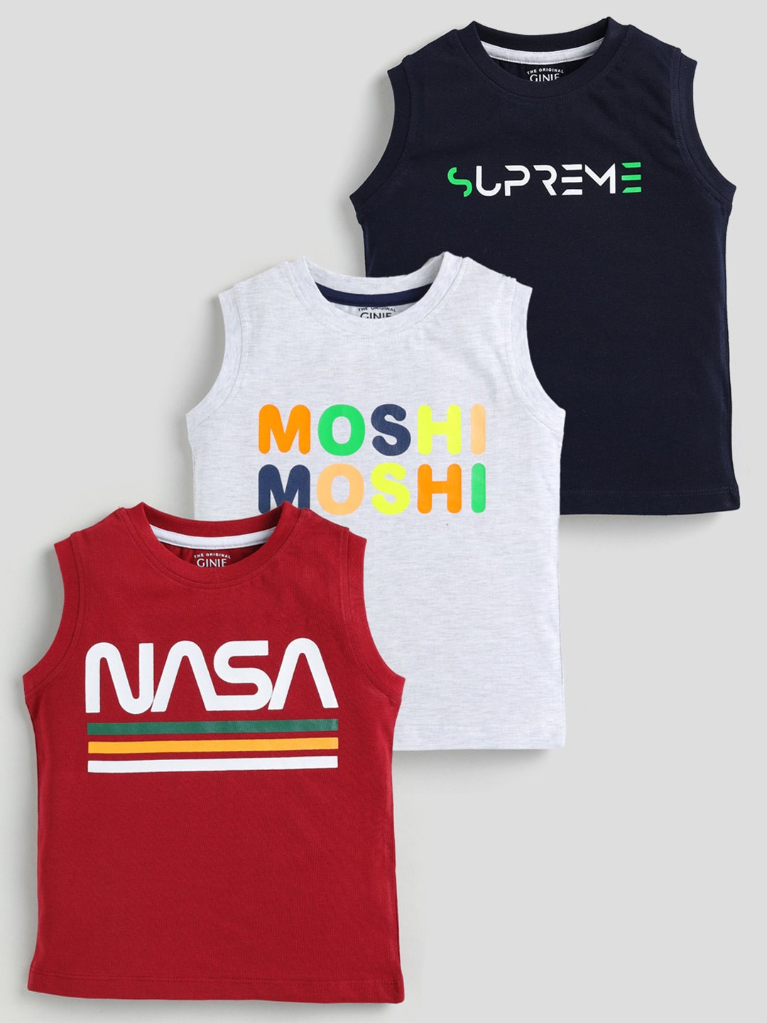 

Ginie Boys Pack Of 3 Printed Typography printed Sleeveless Cotton T-shirt, Maroon