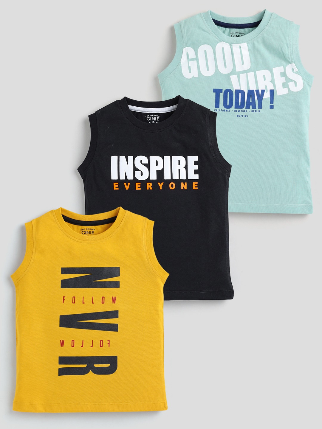 

Ginie Boys Pack Of 3 Typography Printed Cotton T-Shirt, Yellow