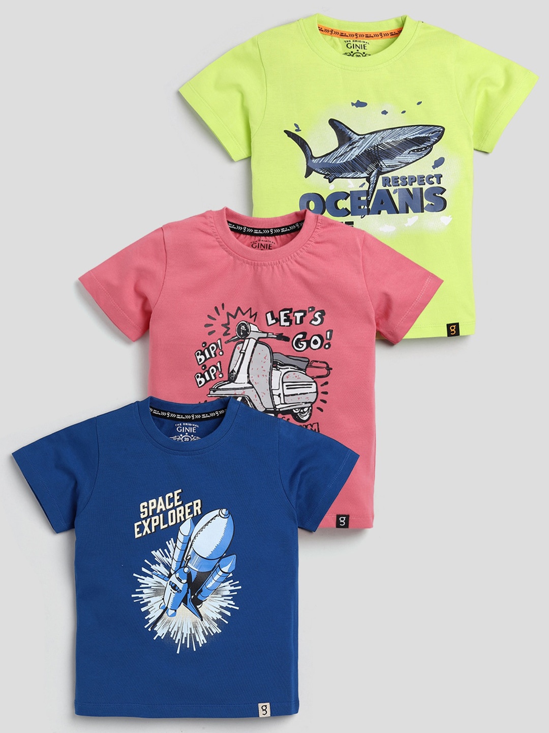 

Ginie Boys Pack Of 3 Graphic Printed Cotton T-Shirt, Navy blue