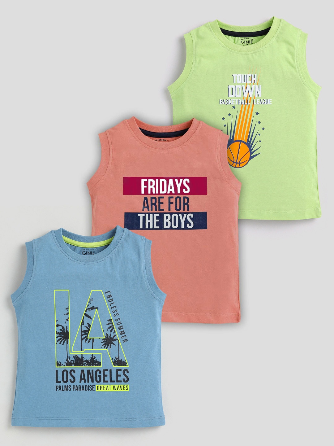 

Ginie Boys Pack Of 3 Typography Printed Pure Cotton T-shirt, Green