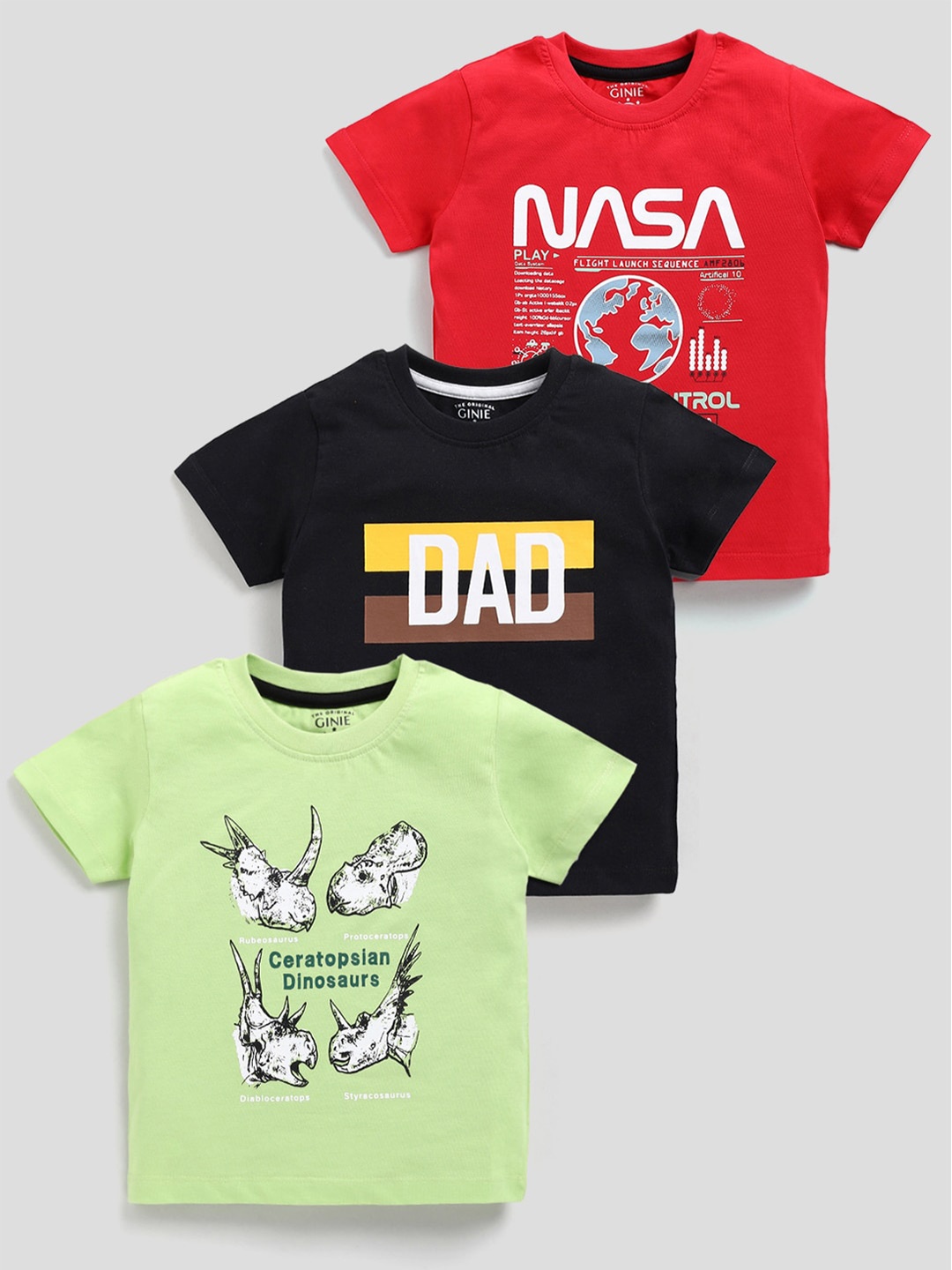 Ginie Boys Pack Of 3 Typography Printed Cotton T-shirts, Black