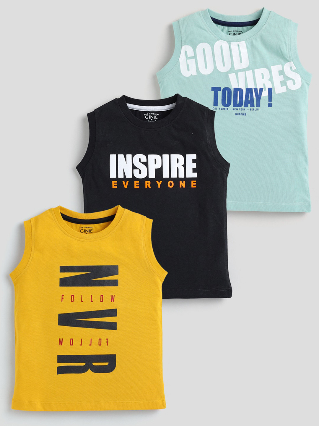 

Ginie Boys Pack Of 3 Typography Printed Sleeveless Cotton T-shirt, Yellow