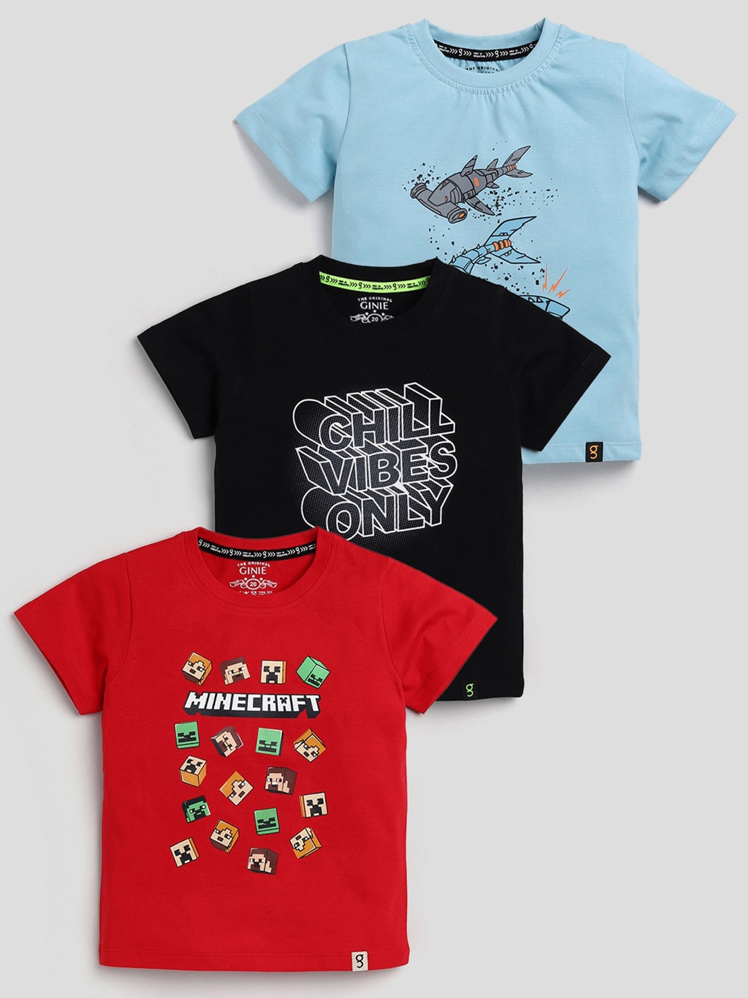 

Ginie Boys Pack Of 3 Typography Printed Pure Cotton T-shirts, Multi
