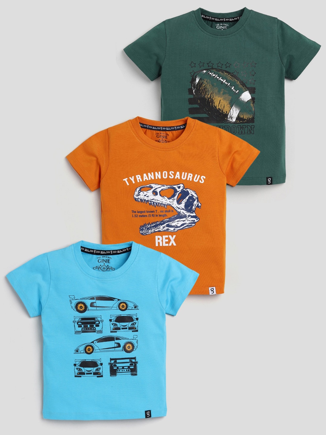 Ginie Boys Pack Of 3 Graphic Printed Cotton T-Shirt, Blue