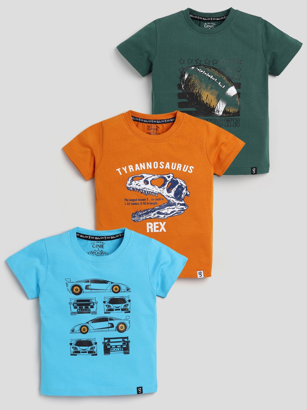 Ginie Boys Pack Of 3 Graphic Printed Pure Cotton Casual T-Shirts, Blue