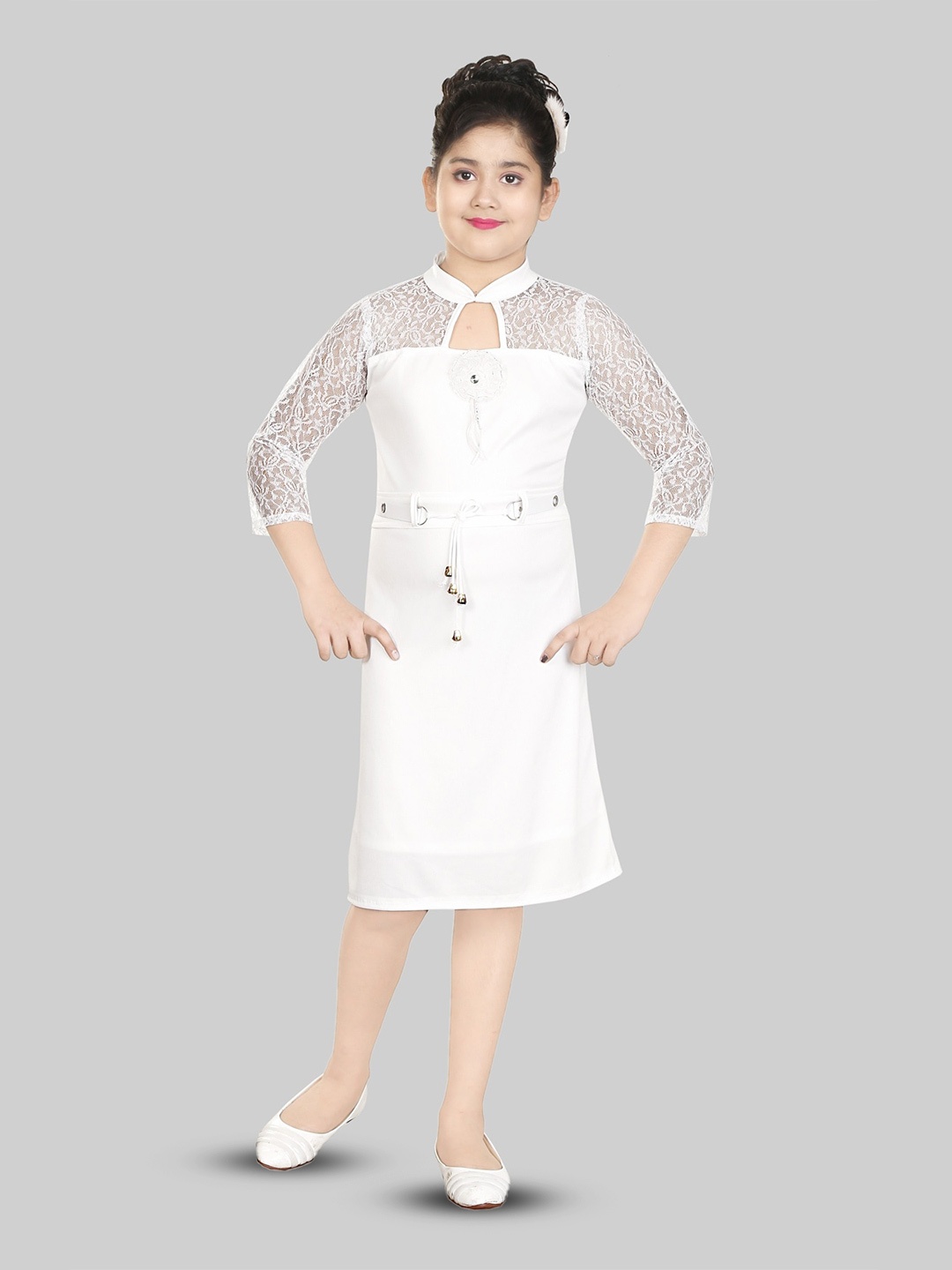 

DIGIMART Girls Self Design A-Line Midi Cotton Dress, White