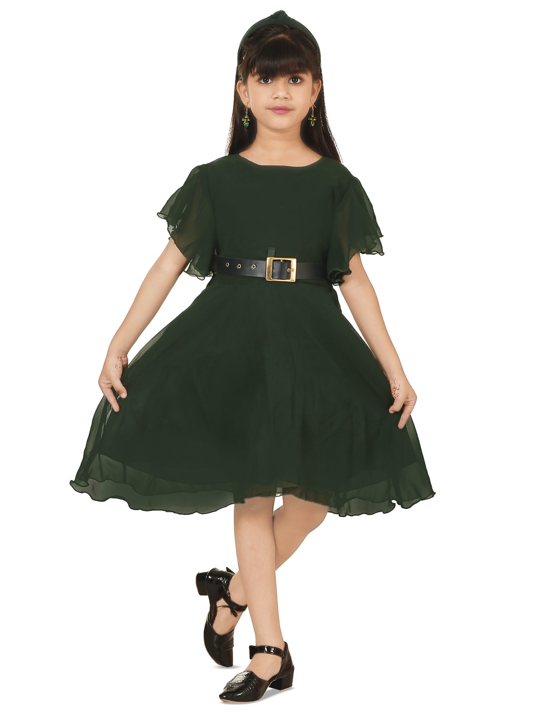 

DIGIMART Flutter Sleeves Belted Silk Fit & Flare Dress, Olive