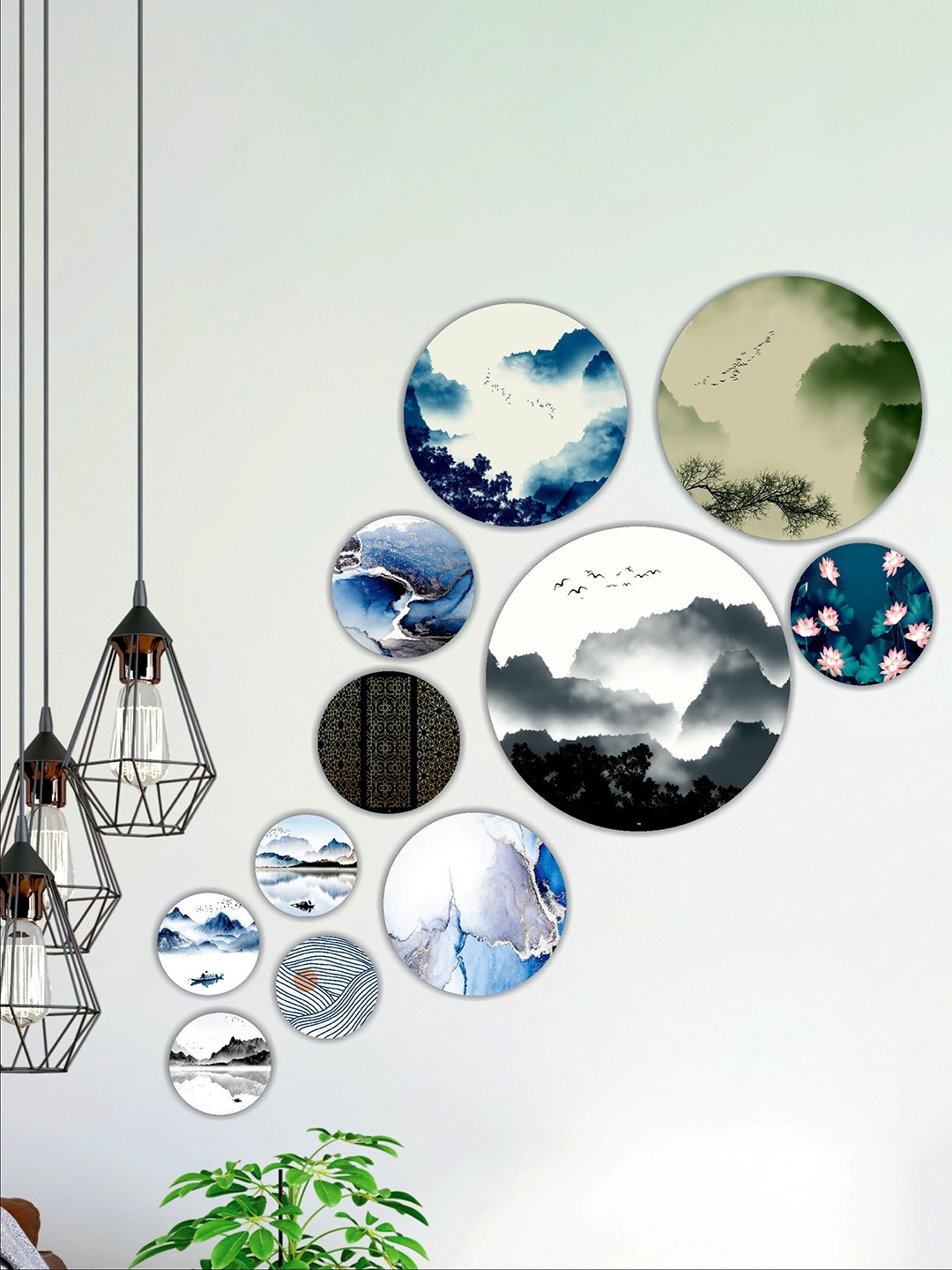 

SAF White & Blue 11 Pieces Modern Art UV Textured Round Shape Wall Art Painting