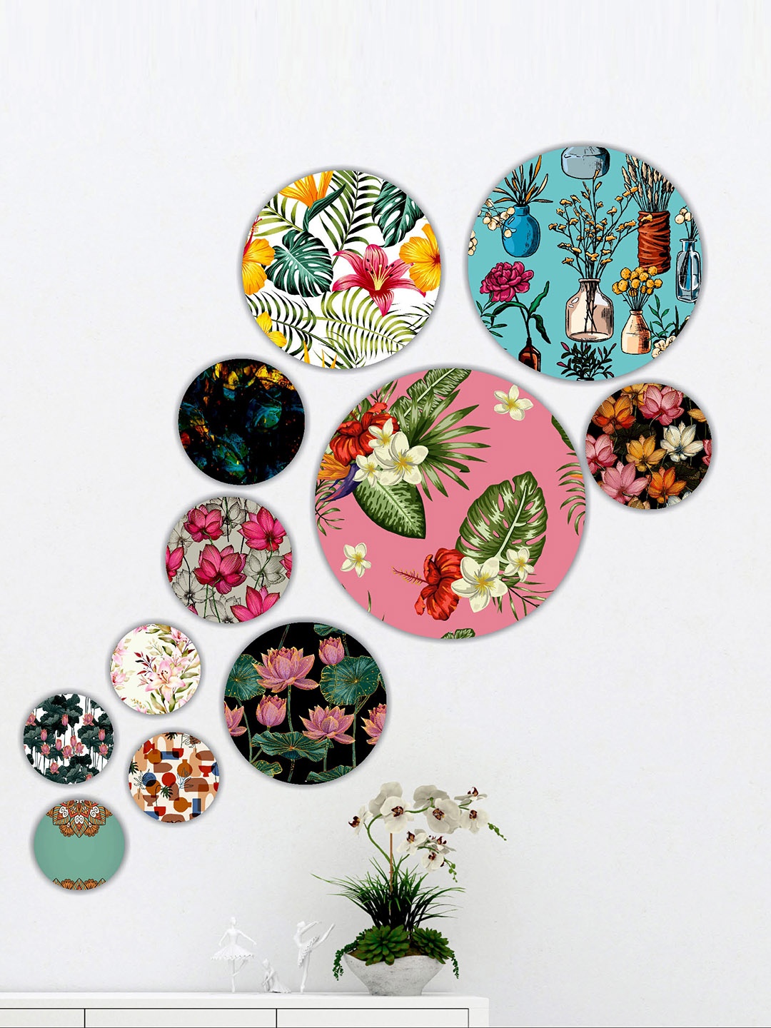 

SAF Pink & Green 11 Pieces Modern Art UV Textured Round Shape Wall Art Painting