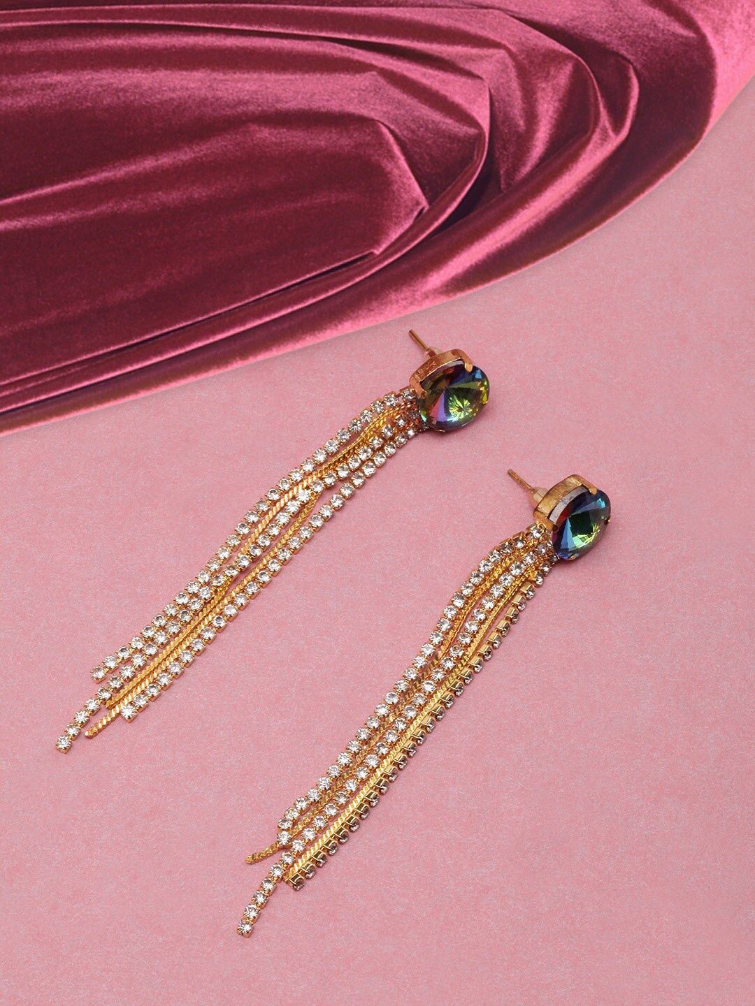 

Anouk Gold-Plated Contemporary Stone Studded Tasselled Drop Earrings