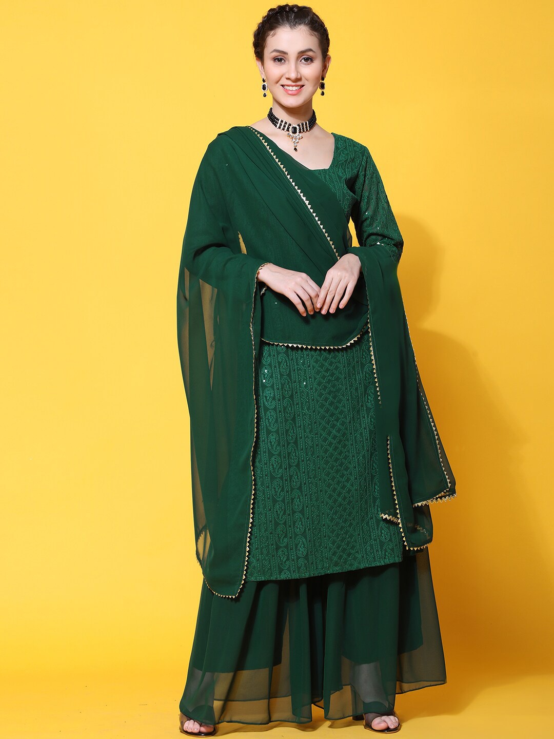 

KALINI Ethnic Motifs Embroidered Chikankari Kurta With Sharara & Dupatta, Green