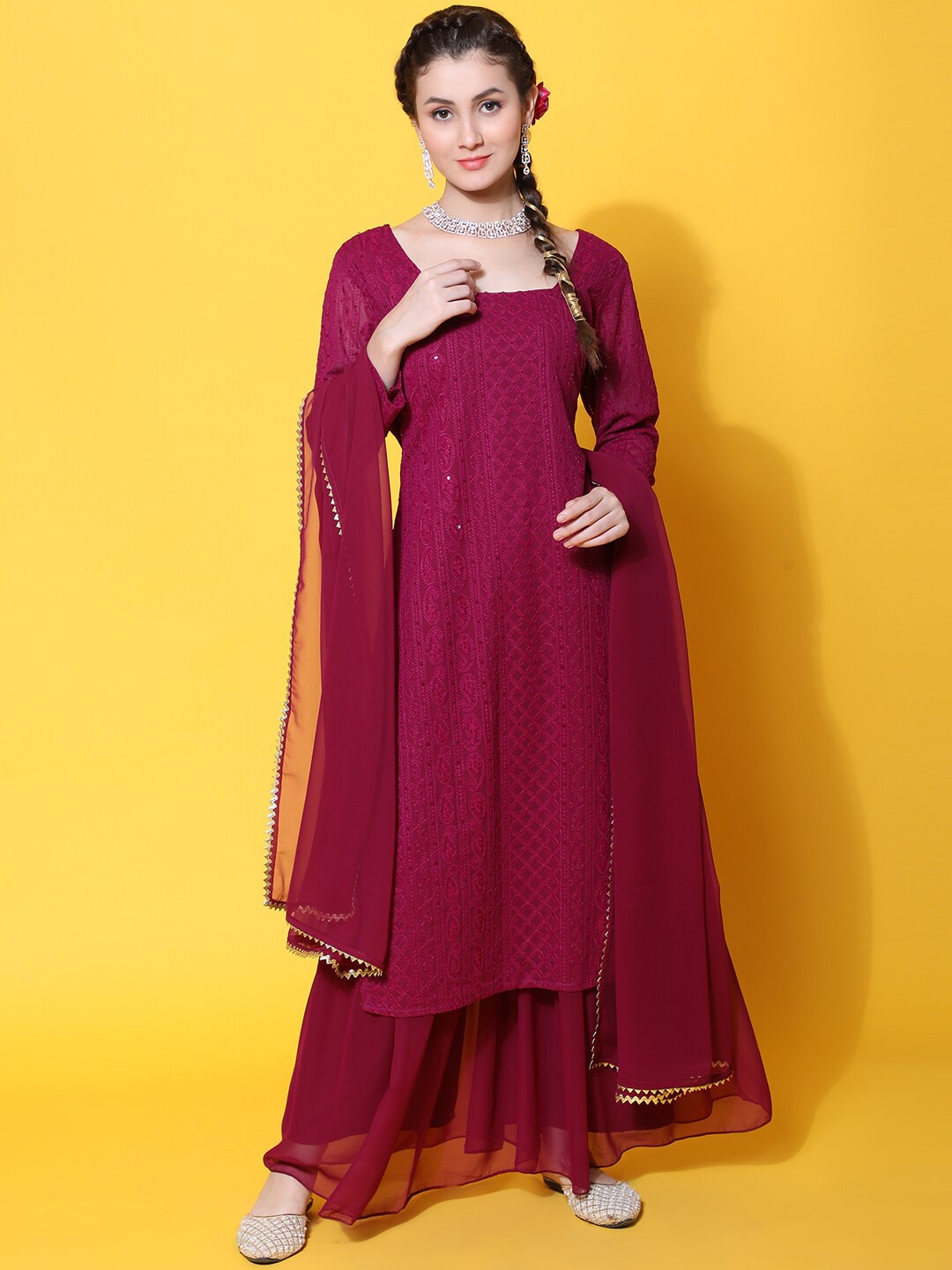 

KALINI Ethnic Motifs Embroidered Chikankari Kurta with Sharara & Dupatta, Purple