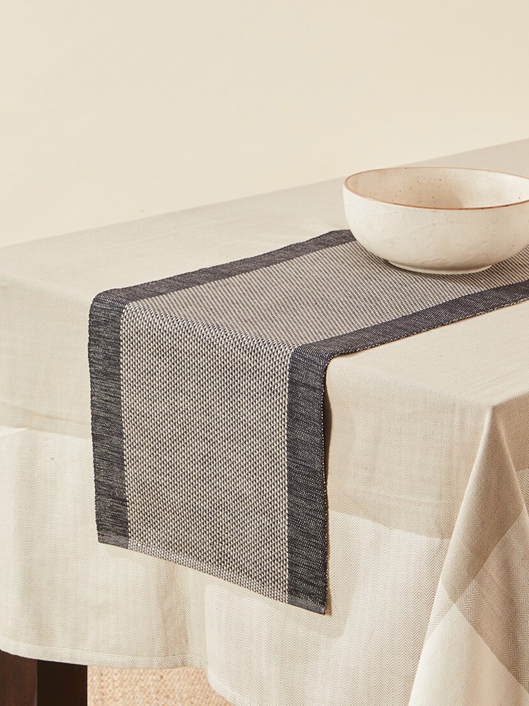 

Fabindia Black and Beige Striped Pure Cotton Table Runner, Transparent