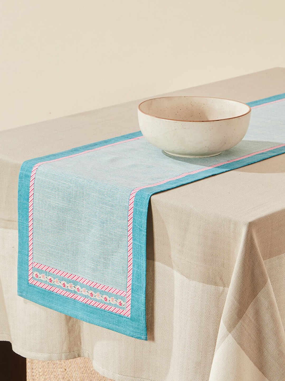 

Fabindia Blue & Pink Floral Border Printed Ramya Cotton Table Runner