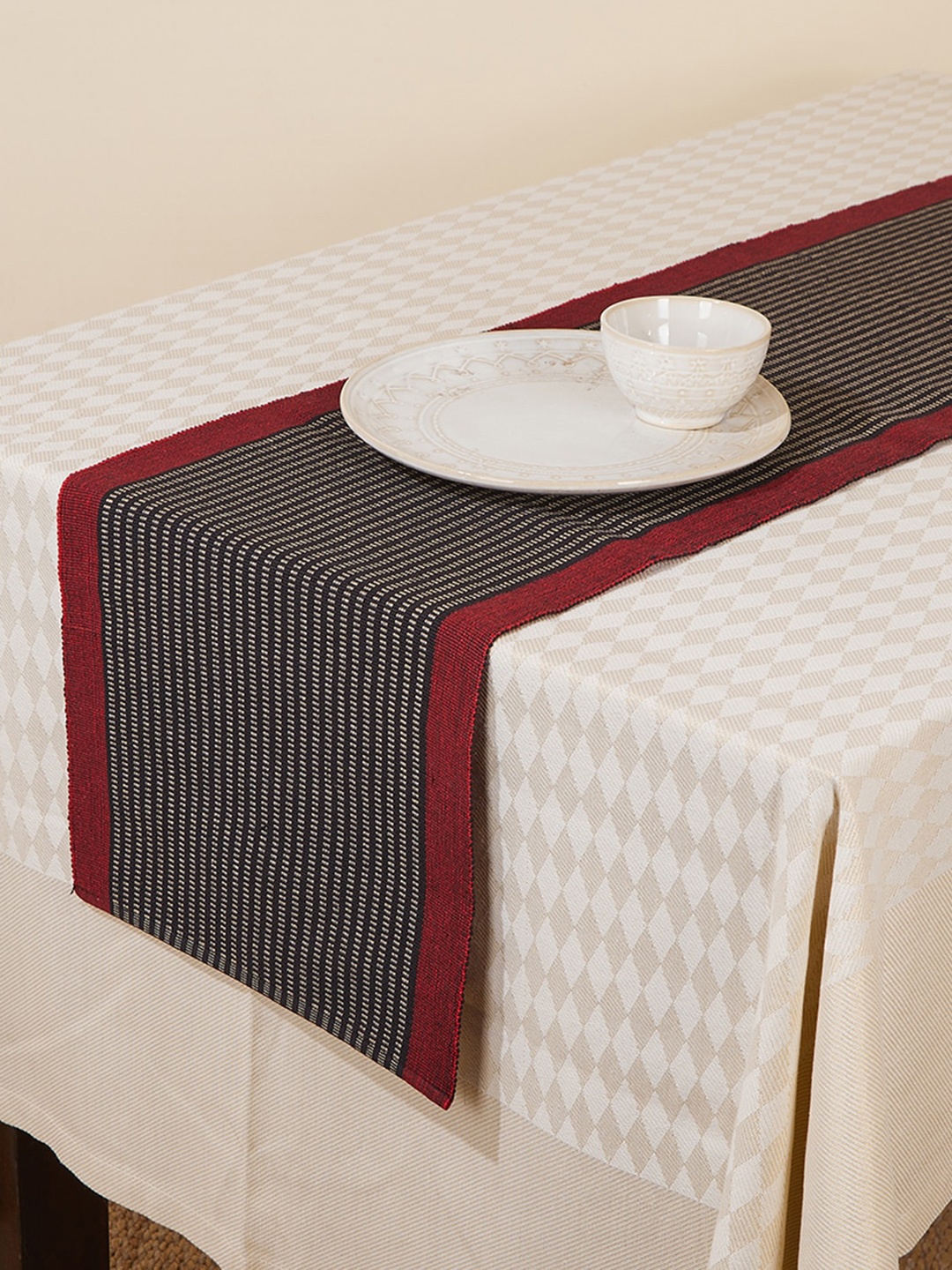 

Fabindia Black & Red Woven Design Cotton Table Runner