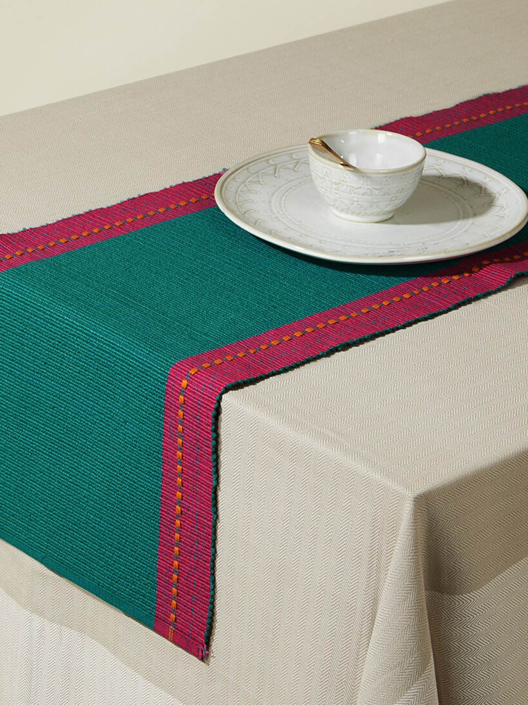 

Fabindia Green and Red Pure Cotton Table Runner