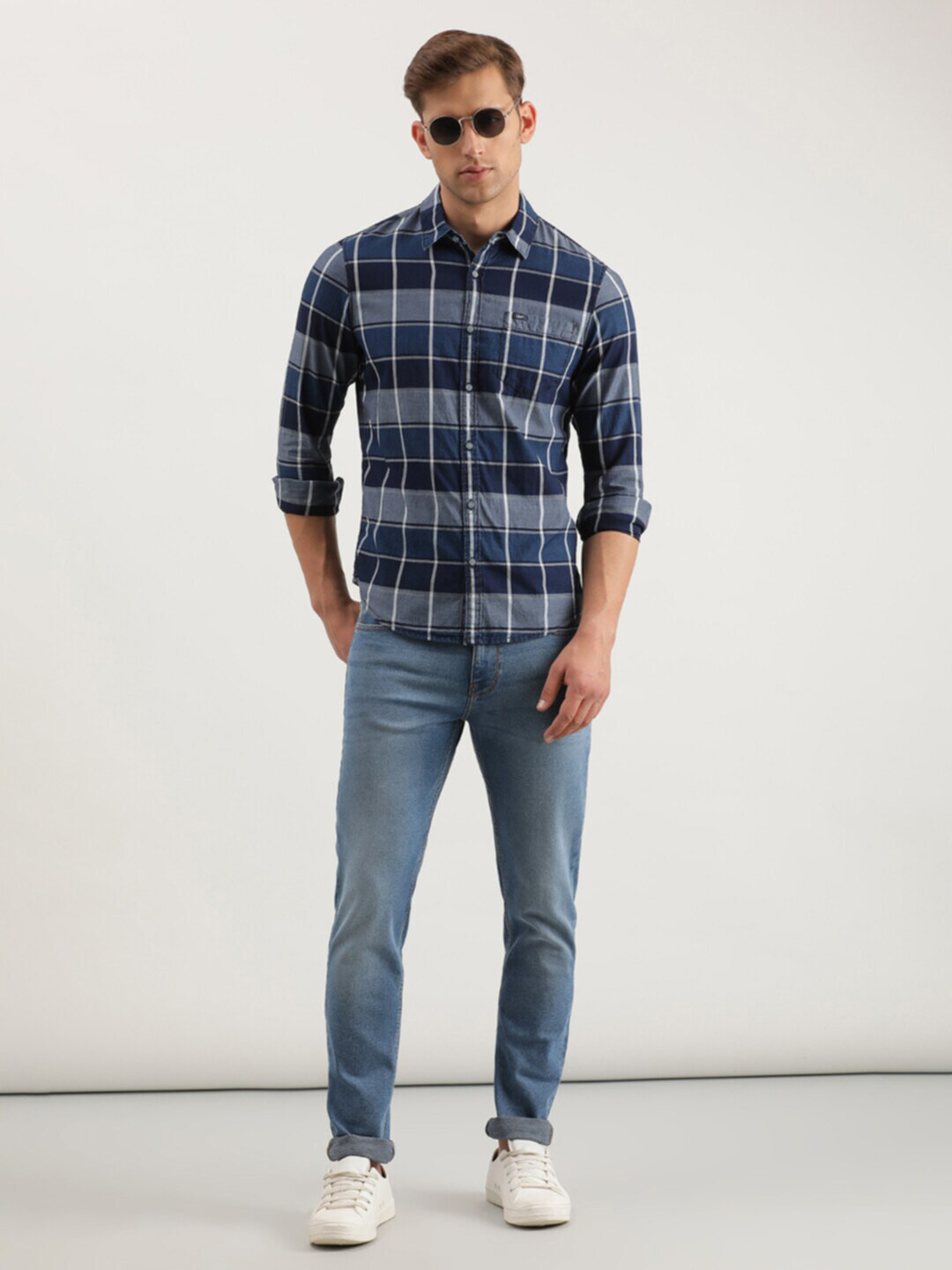 

Lee Slim Fit Checked Spread Collar Casual Shirt, Blue