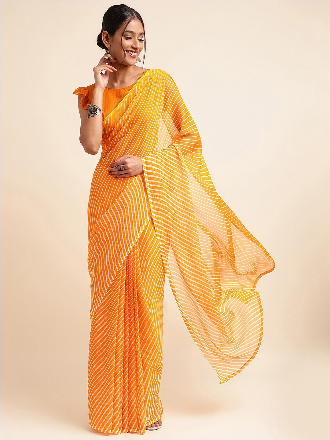 

Satrani Yellow & White Leheriya Printed Saree