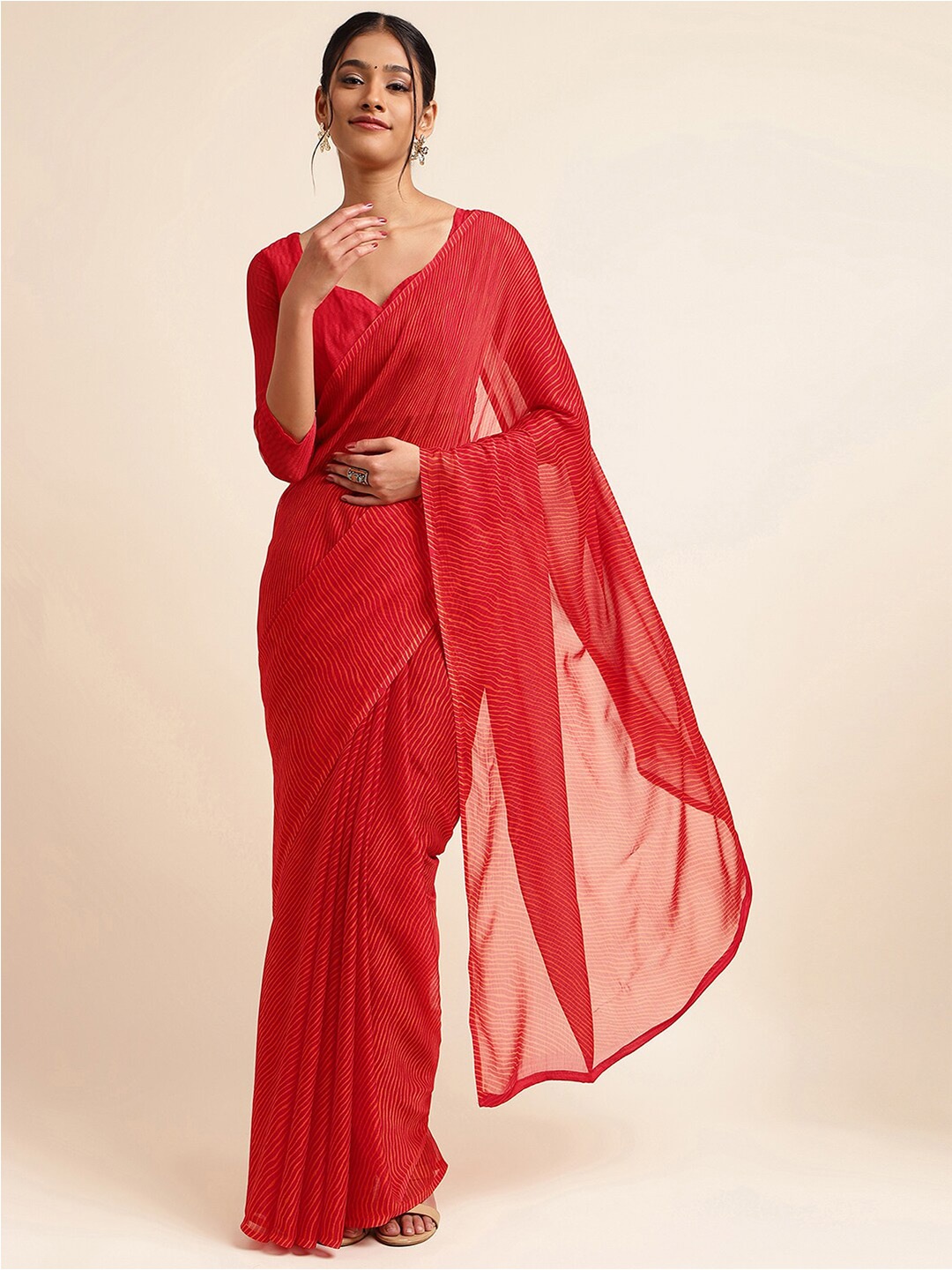 

Satrani Red & Orange Leheriya Printed Saree