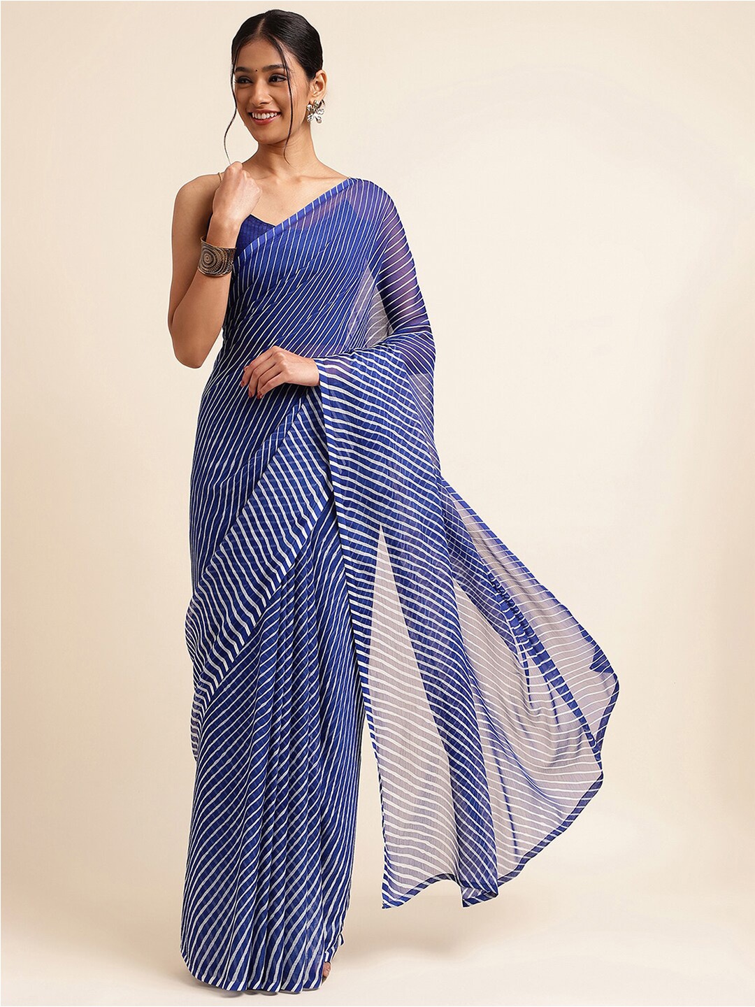 

Satrani Blue & White Leheriya Printed Saree