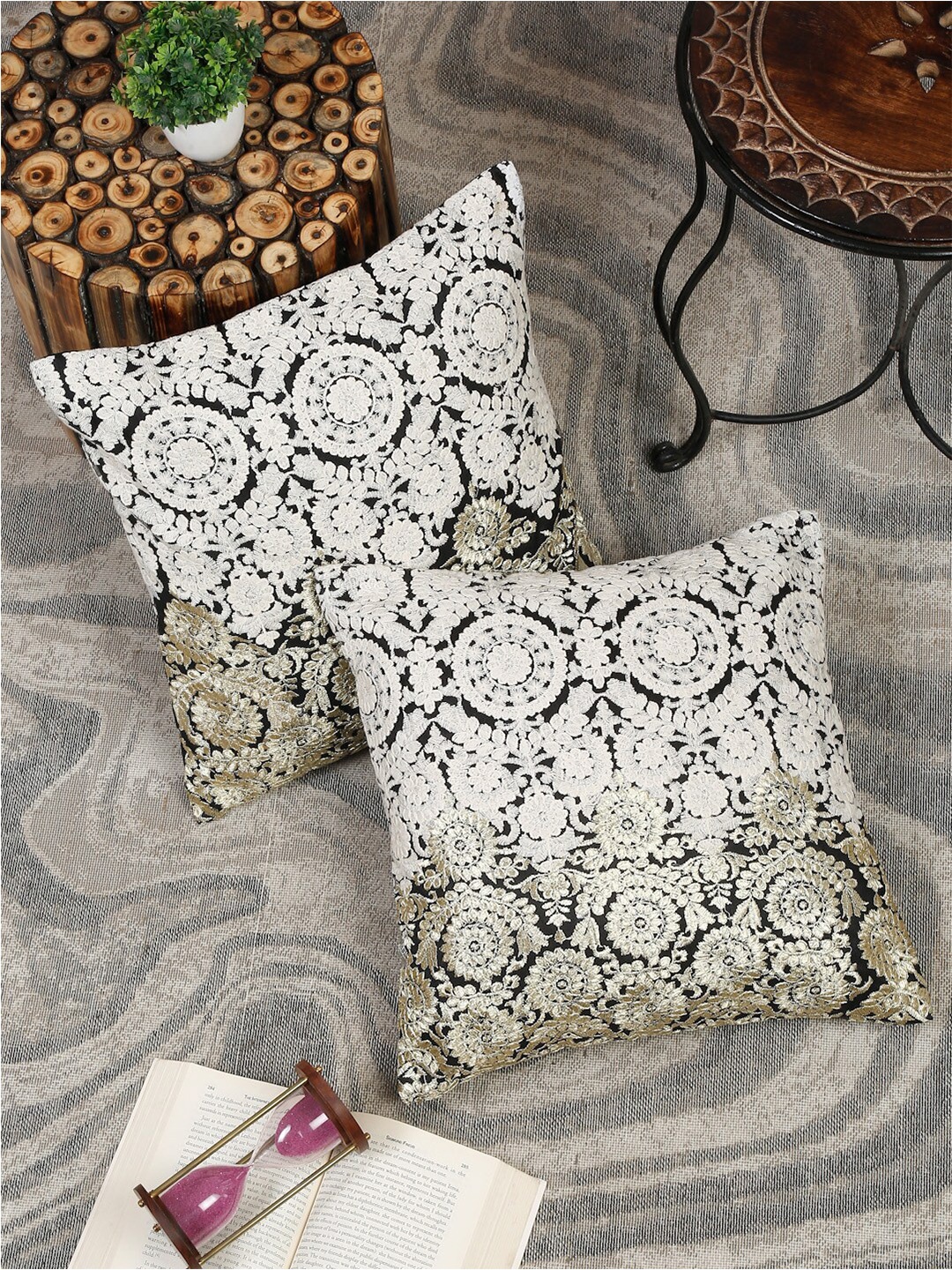 

Sangria White & Black 2 Pieces Embroidered Square Cushion Covers