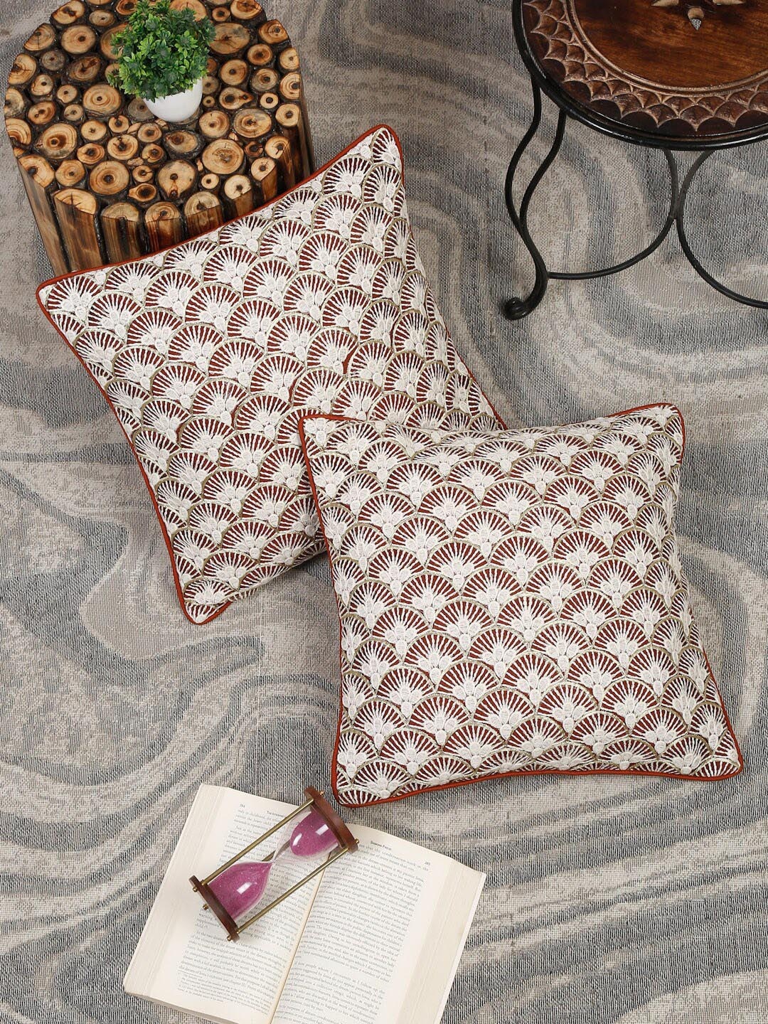 

Sangria White & Maroon 2 Pieces Embroidered Cushion Covers