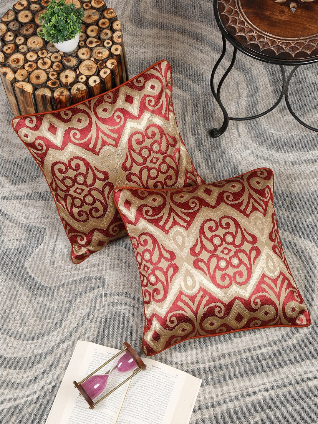 

Sangria Maroon 2 Pieces Ethnic Motif-Printed Square Cushion Covers