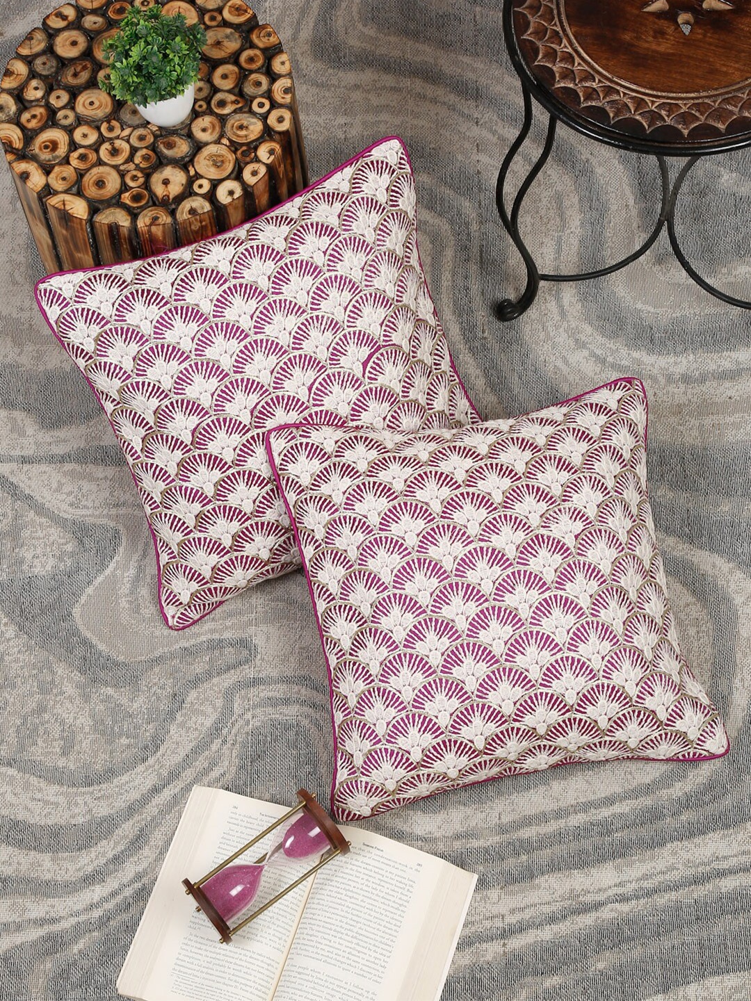 

Sangria White & Purple 2 Pieces Embroidered Square Cushion Covers