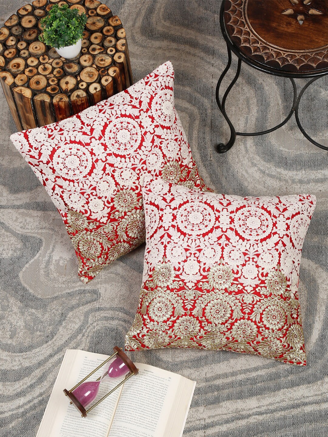 

Sangria Pink 2 Pieces Embroidered Square Cushion Covers