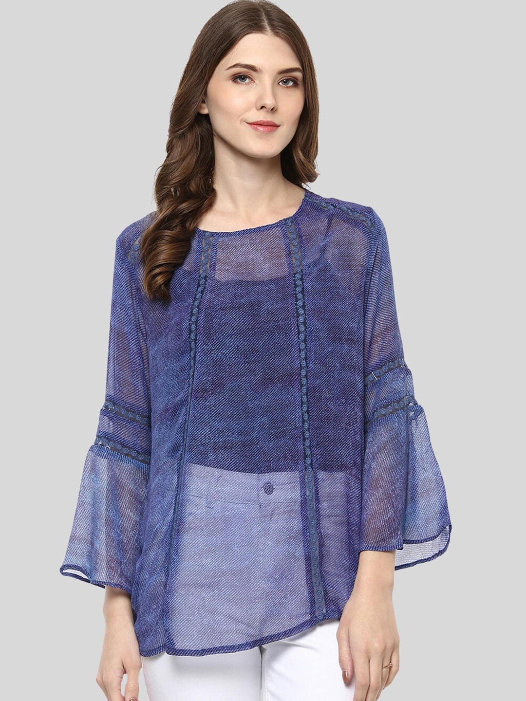 

Moda Elementi Self Design Bell Sleeves Top, Navy blue