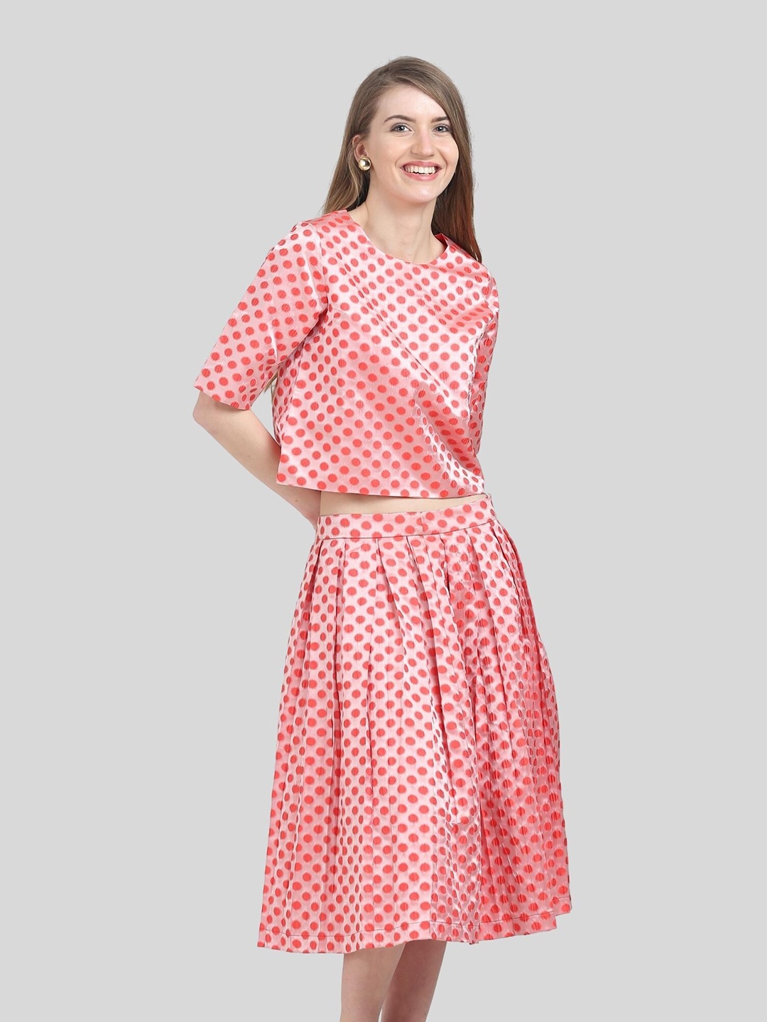 Moda Elementi Polka Dots Printed Round Neck Crop Top, Peach