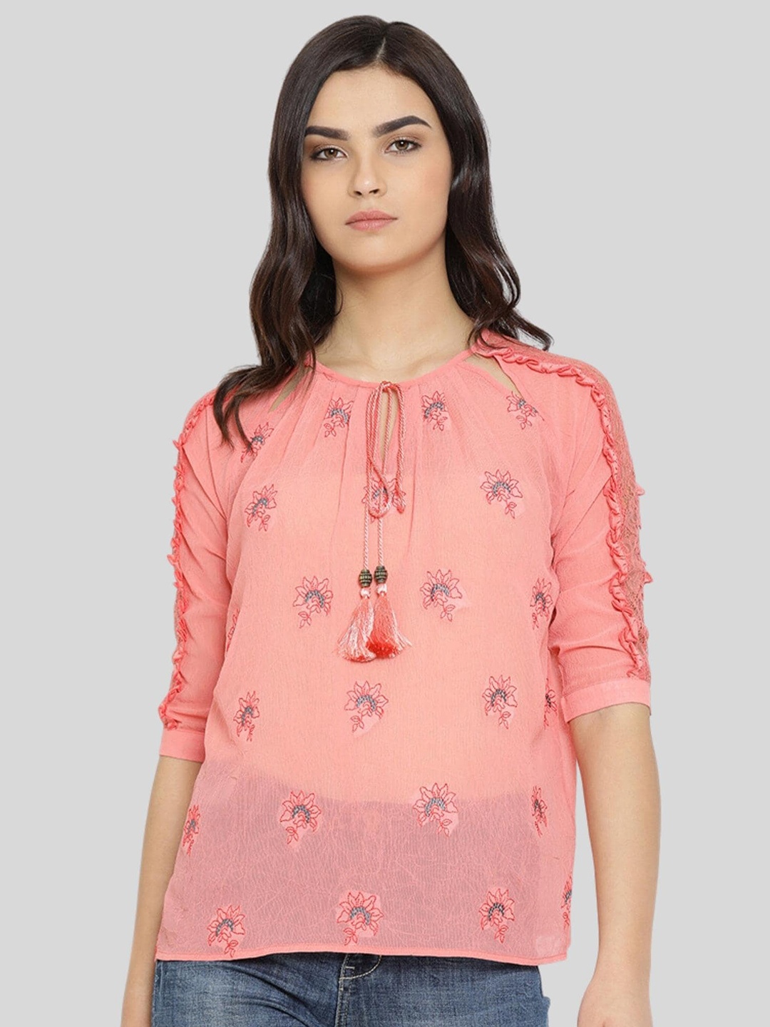 

Moda Elementi Floral Printed Tie-Up Neck Top, Peach