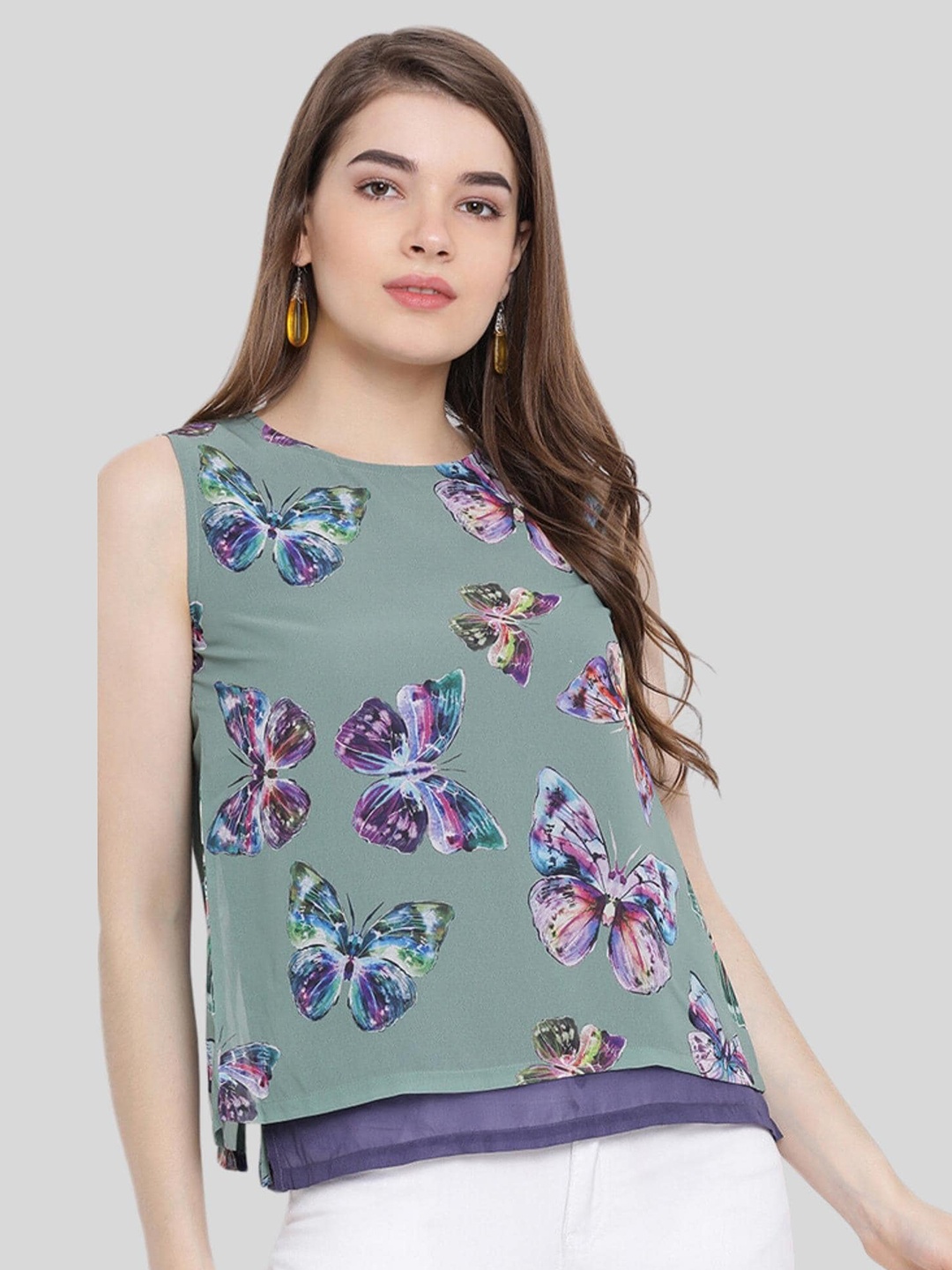 

Moda Elementi Butterfly Printed Sleeveless Cotton Top, Green
