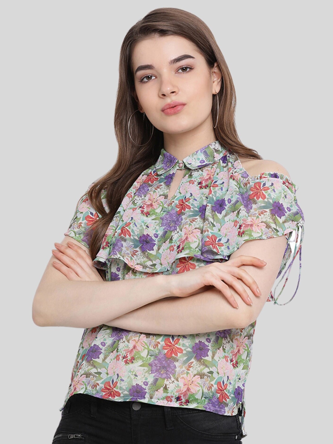 

Moda Elementi Floral Printed Cold-Shoulder Shirt Style Top, Green