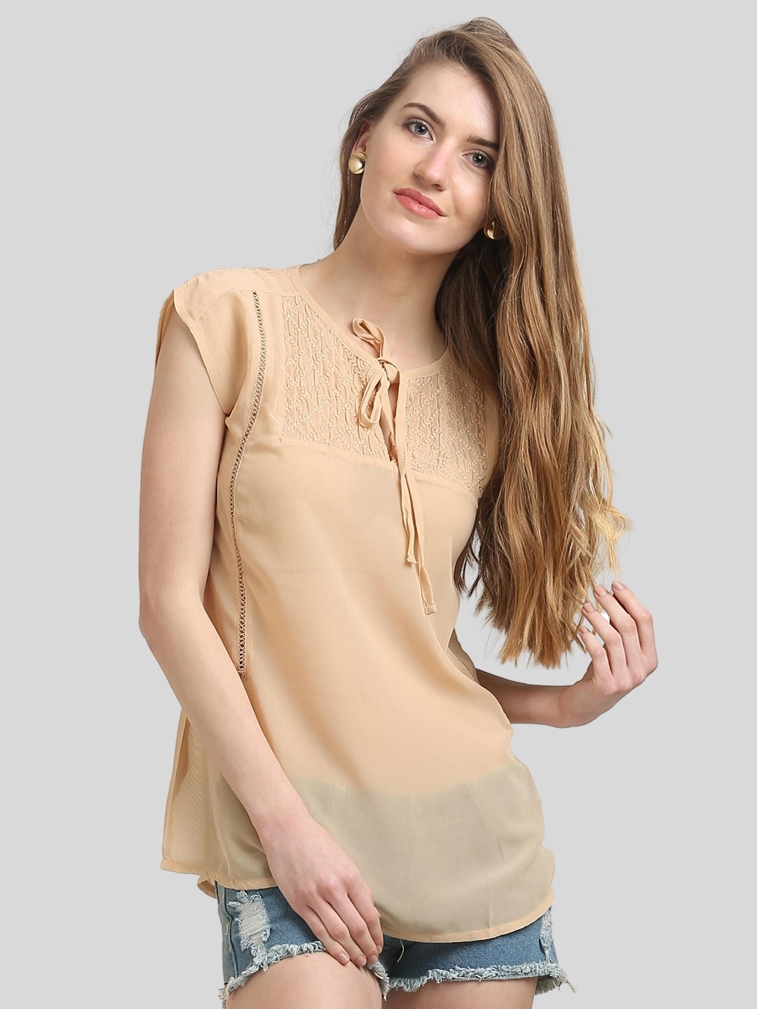 

Moda Elementi Tie-Up Neck Georgette Top, Beige