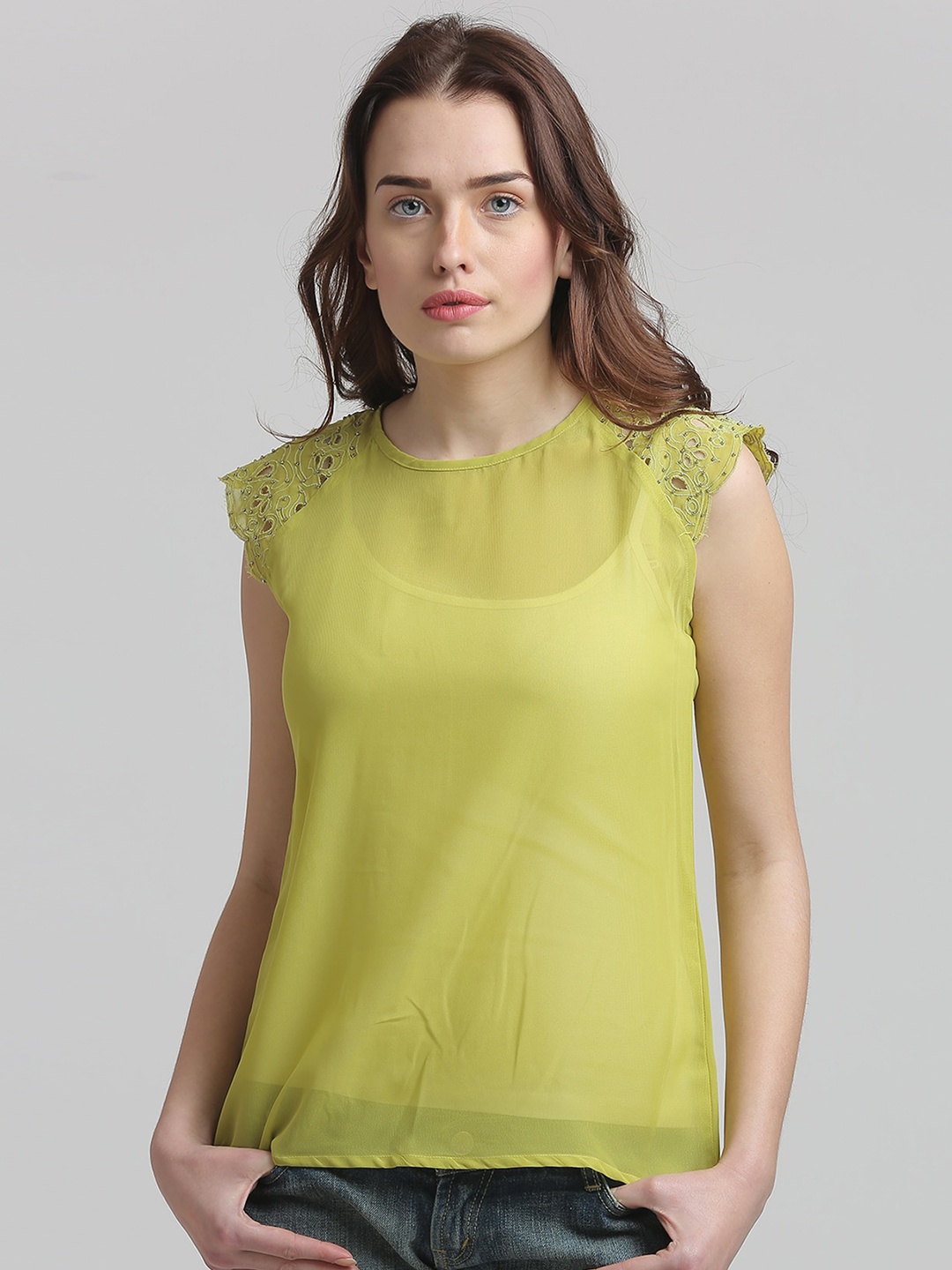 

Moda Elementi Sleeveless Cut Out Georgette Top, Lime green