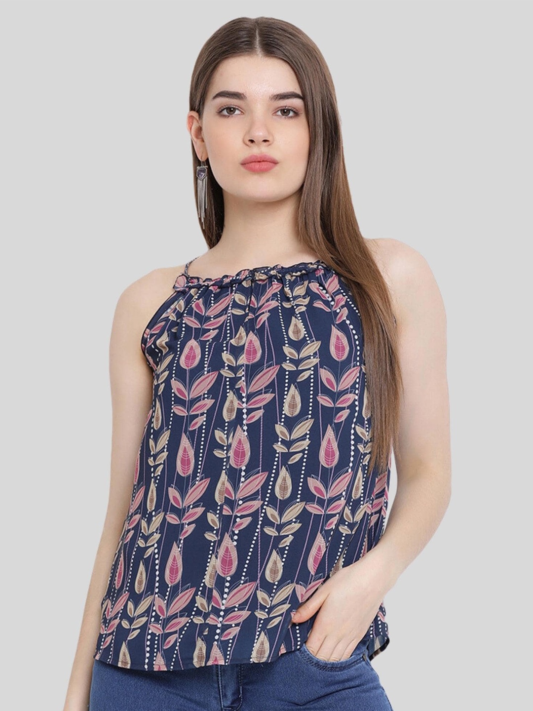

Moda Elementi Floral Printed Shoulder Straps Cotton Top, Navy blue