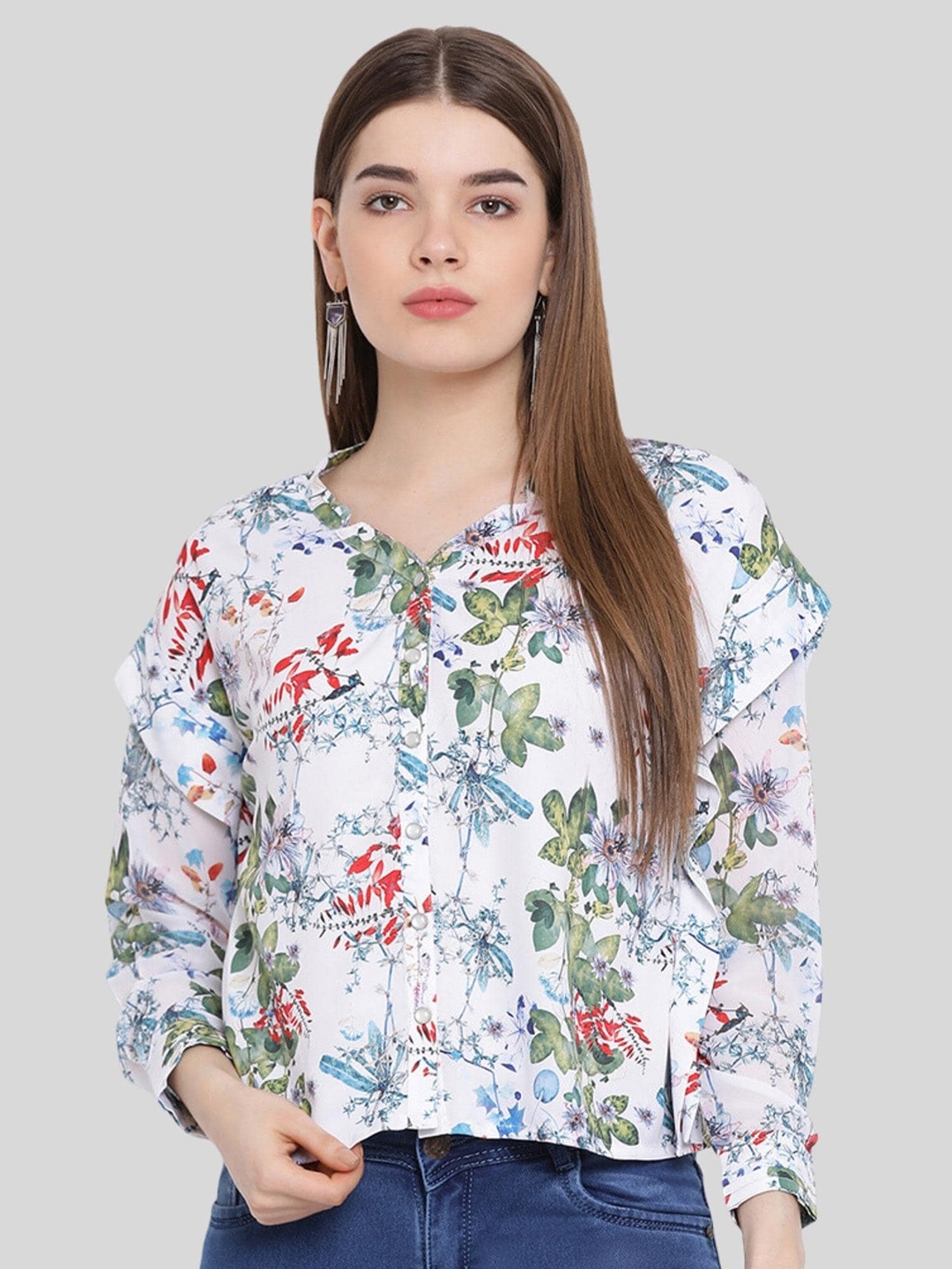 

Moda Elementi Floral Printed V-Neck Top, White
