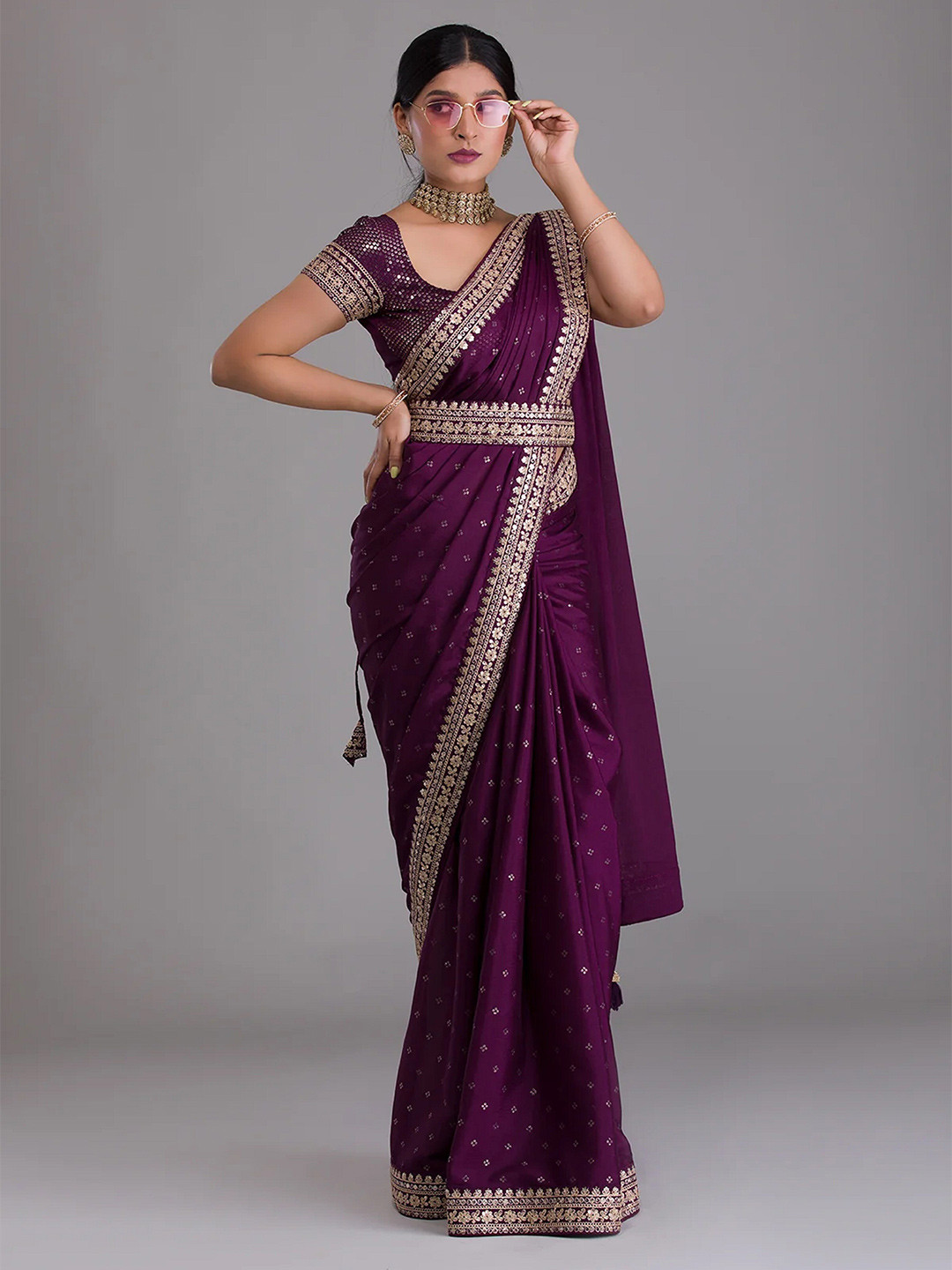 

Trendmalls Sequinned Pure Silk Chanderi Saree With Belt, Purple