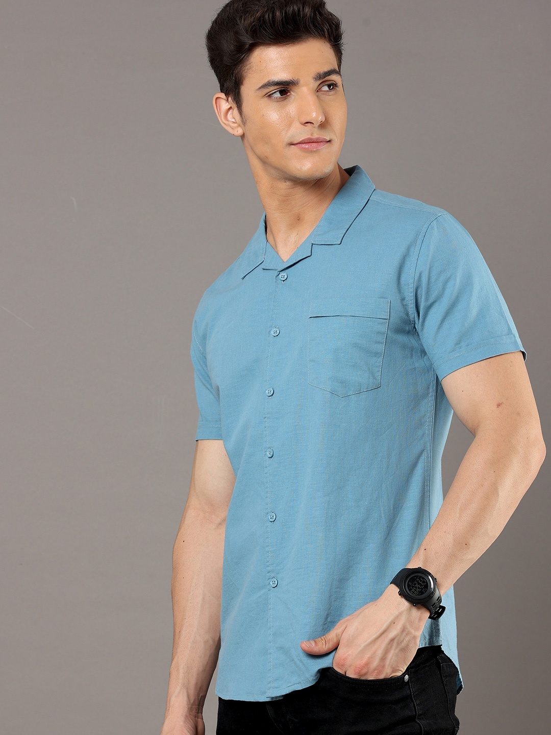 

HERE&NOW Blue Cuban Collar Slim Fit Casual Shirt