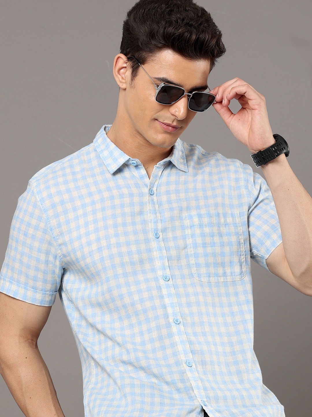 

HERE&NOW Blue Gingham Checked Slim Fit Cotton Casual Shirt